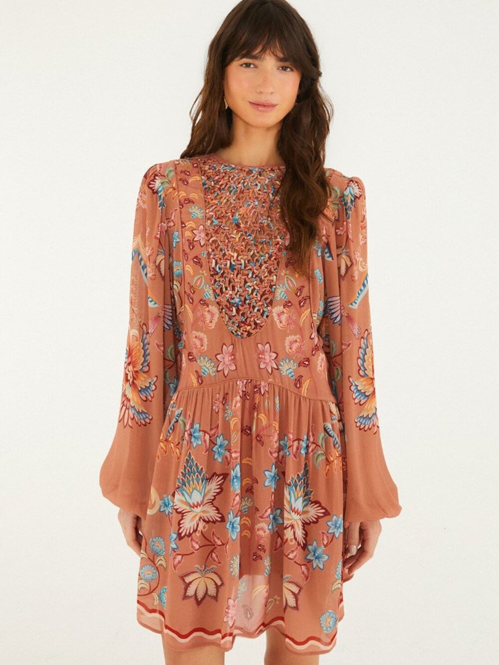 Farm Rio Mocha Boho Enhance Lace Long Sleeve Mini Dress. Sz: S/M